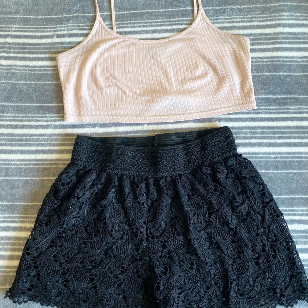 Nude Crop Top w/ Cute black lace shorts